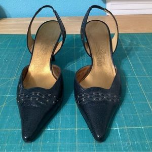 Salvatore Ferragamo Nero Kid black crackle leather sling backs.